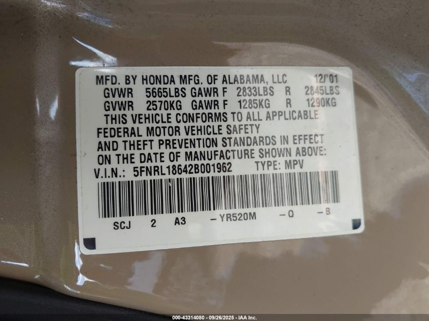 2002 Honda Odyssey Ex VIN: 5FNRL18642B001962 Lot: 43314080