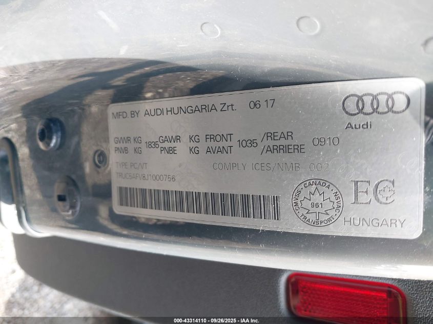 2018 Audi Tt 2.0T VIN: TRUC5AFV8J1000756 Lot: 43314110