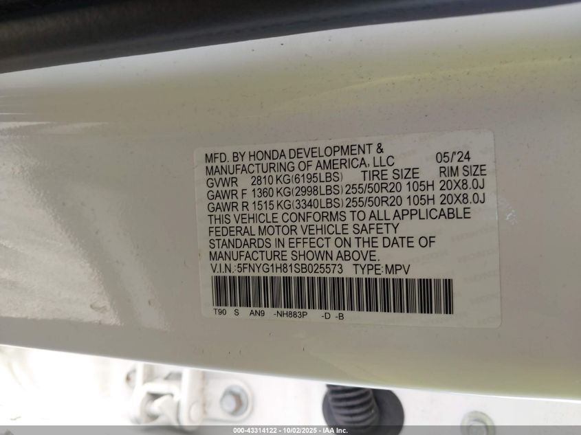 2025 Honda Pilot Elite VIN: 5FNYG1H81SBO25573 Lot: 43314122