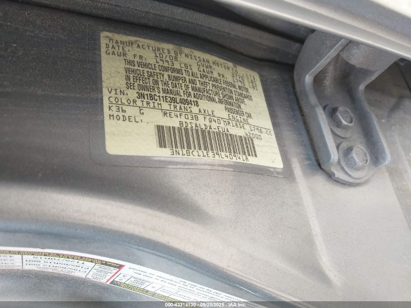 2009 Nissan Versa 1.8S VIN: 3N1BC11E39L409418 Lot: 43314130