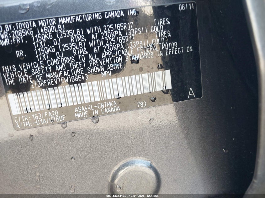 2014 Toyota Rav4 Xle VIN: 2T3RFREV7EW198643 Lot: 43314132