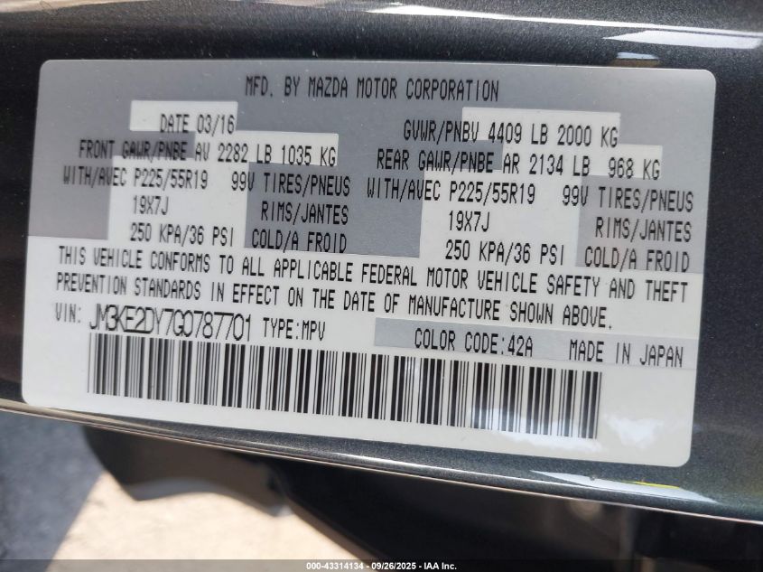 2016 Mazda Cx-5 Grand Touring VIN: JM3KE2DY7G0787701 Lot: 43314134