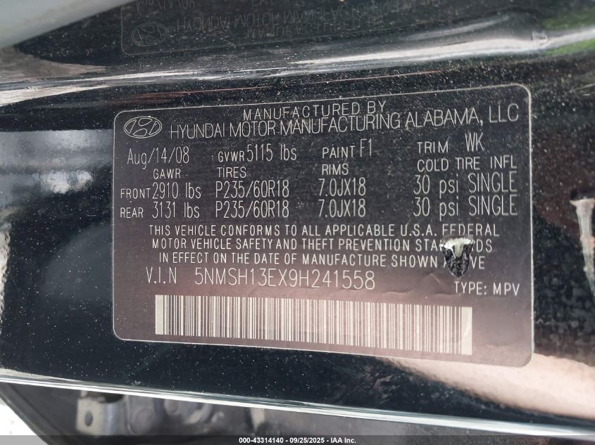 2009 Hyundai Santa Fe Limited VIN: 5NMSH13EX9H241558 Lot: 43314140