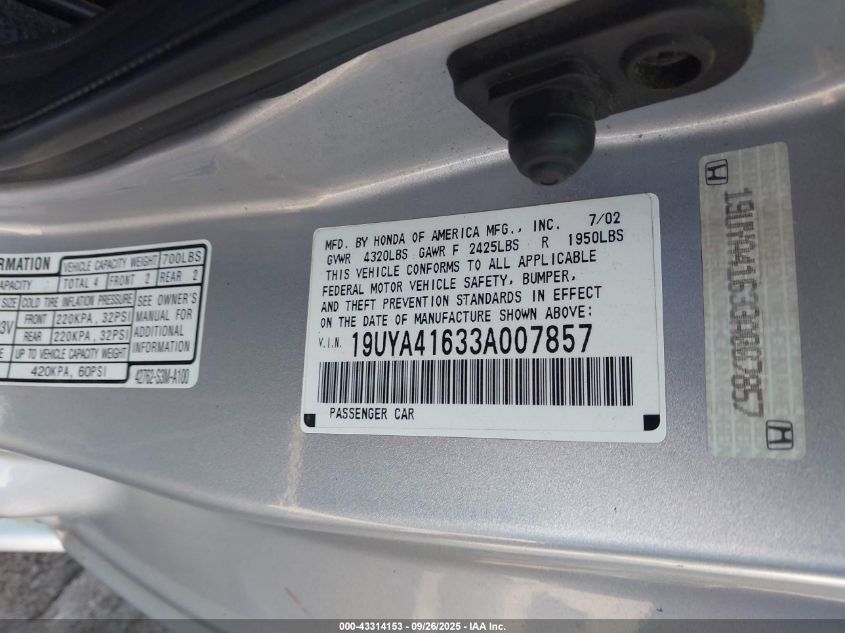 2003 Acura Cl 3.2 Type S Manual VIN: 19UYA41633A007857 Lot: 43314153