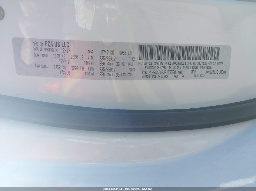 2018 Chrysler Pacifica Lx VIN: 2C4RC1CG0JR158598 Lot: 43314164