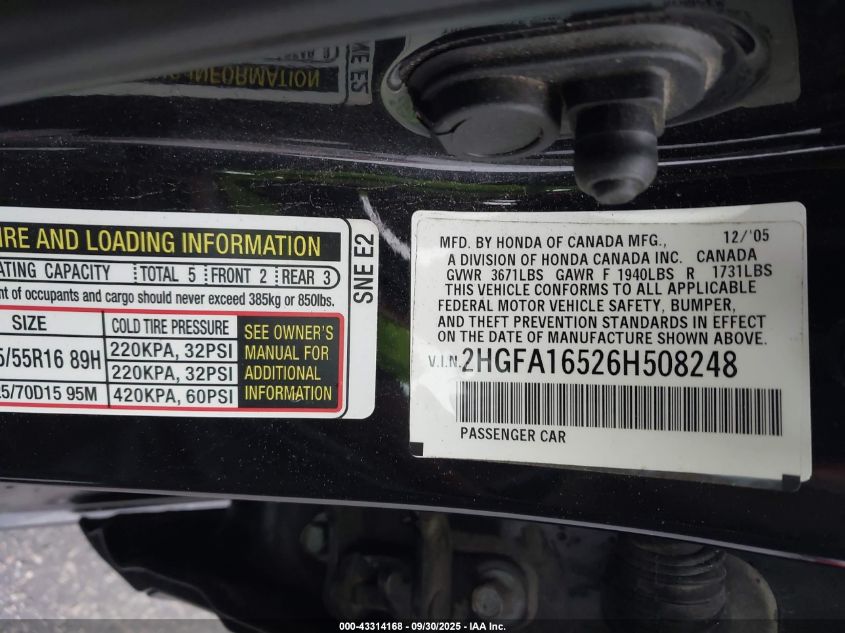 2006 Honda Civic Lx VIN: 2HGFA16526H508248 Lot: 43314168