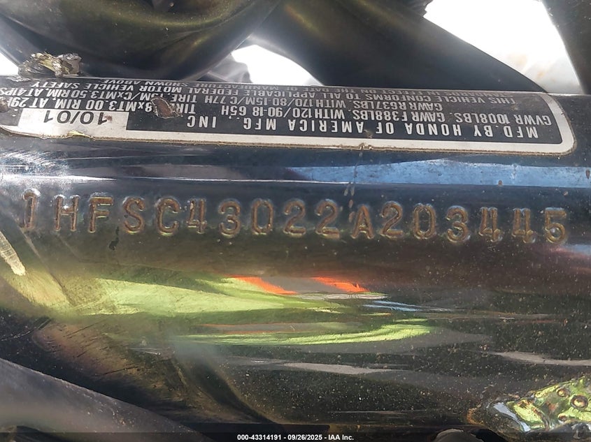 2002 Honda Vt1100 C2 VIN: 1HFSC43022A203445 Lot: 43314191