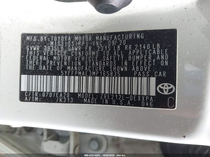 2021 Toyota Corolla Xle VIN: 5YFFPMAE3MP165835 Lot: 43314203