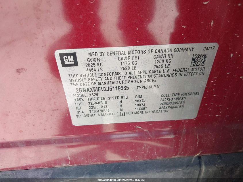 2018 Chevrolet Equinox Premier VIN: 2GNAXMEV2J6119535 Lot: 43314208