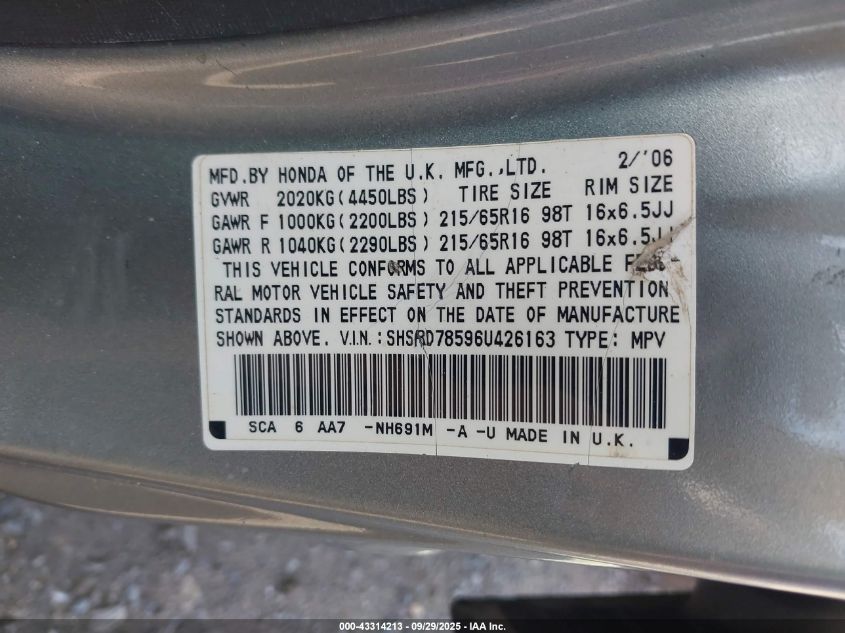 2006 Honda Cr-V Lx VIN: SHSRD78596U426163 Lot: 43314213