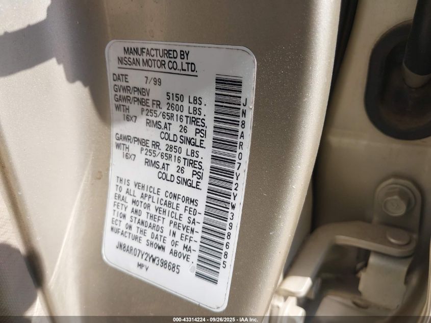 2000 Nissan Pathfinder Le/Se/Xe VIN: JN8AR07Y2YW398685 Lot: 43314224