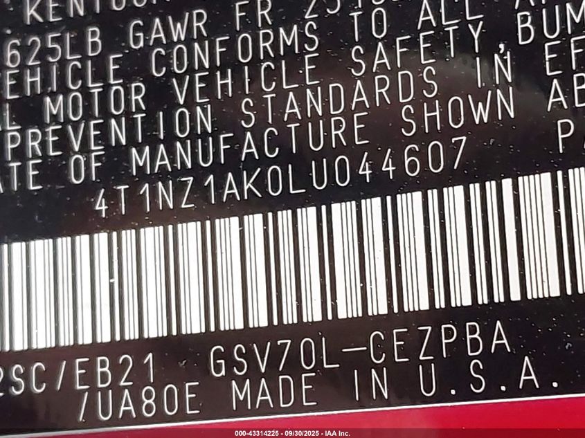 2020 Toyota Camry Trd VIN: 4T1NZ1AK0LU044607 Lot: 43314225