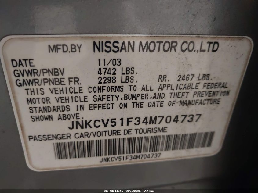 2004 Infiniti G35X VIN: JNKCV51F34M704737 Lot: 43314245