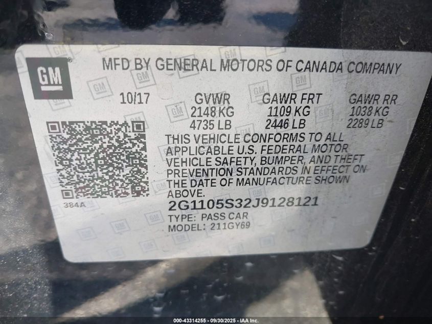 2018 Chevrolet Impala Lt VIN: 2G1105S32J9128121 Lot: 43314255