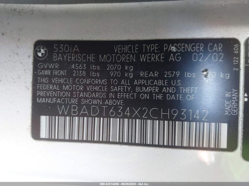 2002 BMW 530Ia VIN: WBADT634X2CH93142 Lot: 43314256