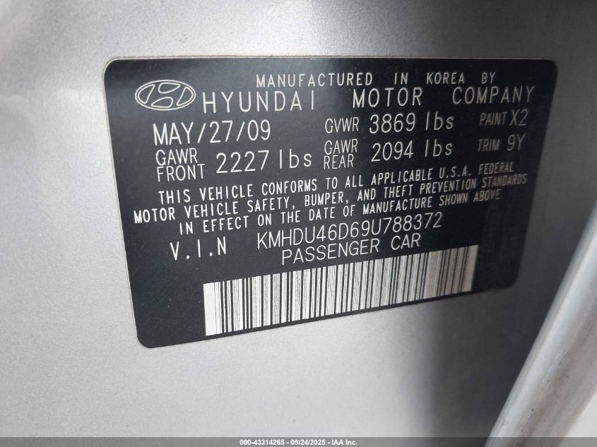 2009 Hyundai Elantra Gls VIN: KMHDU46D69U788372 Lot: 43314265