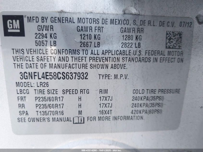 2012 Chevrolet Captiva Sport Ltz VIN: 3GNFL4E58CS637932 Lot: 43314280