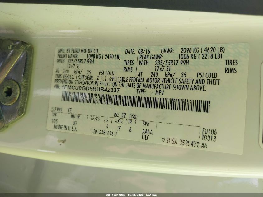 2017 Ford Escape Se VIN: 1FMCU0GD5HUB42337 Lot: 43314282