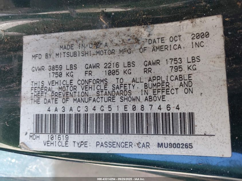 2001 Mitsubishi Eclipse Rs VIN: 4A3AC34G51E087464 Lot: 43314294