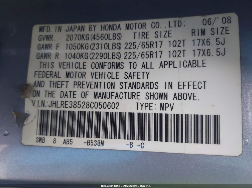 2008 Honda Cr-V Ex VIN: JHLRE38528C050602 Lot: 43314310
