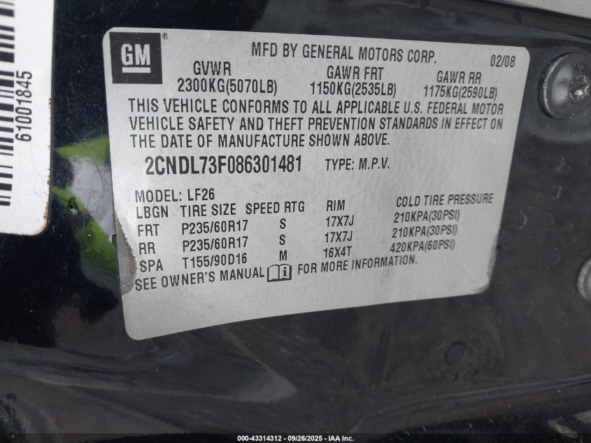 2008 Chevrolet Equinox Ltz VIN: 2CNDL73F086301481 Lot: 43314312