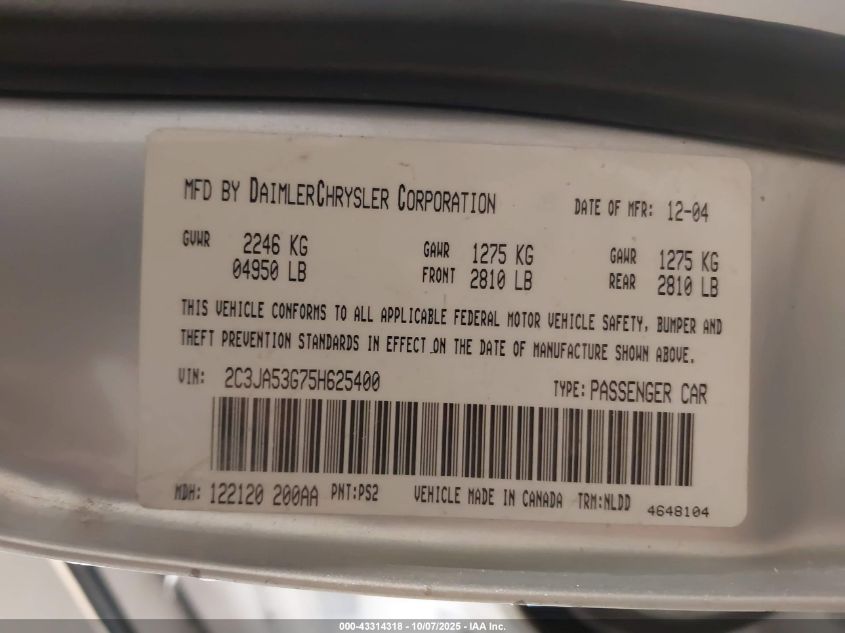 2005 Chrysler 300 Touring VIN: 2C3JA53G75H625400 Lot: 43314318