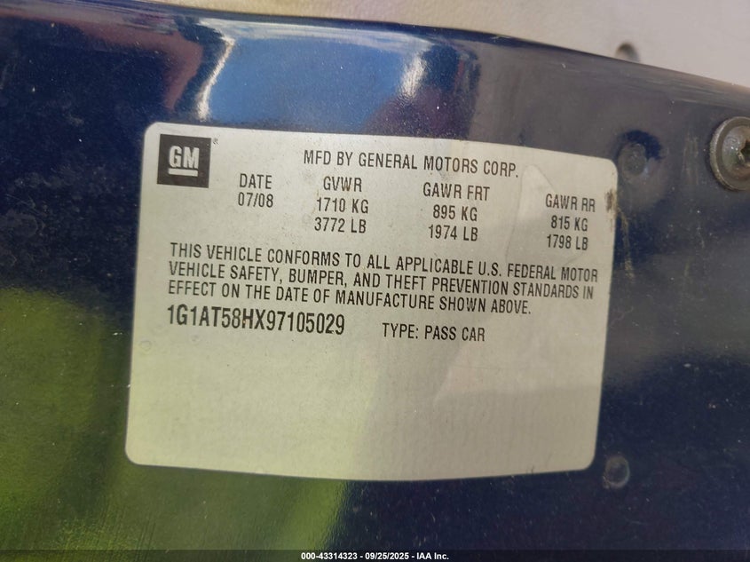 2009 Chevrolet Cobalt Lt VIN: 1G1AT58HX97105029 Lot: 43314323