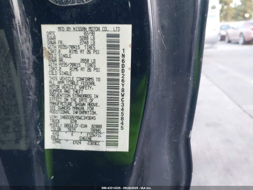 1998 Nissan Frontier Se/Xe VIN: 1N6DD26Y8WC345845 Lot: 43314325
