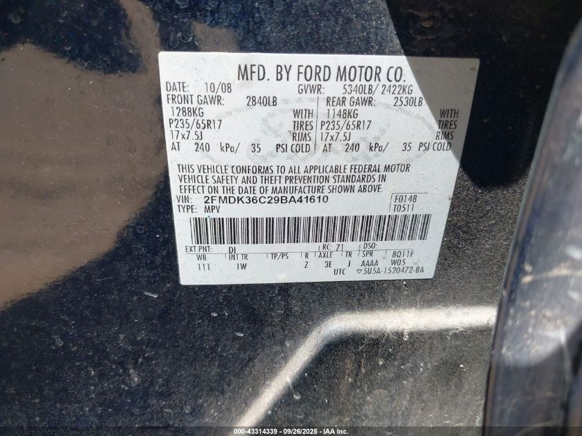 2009 Ford Edge Se VIN: 2FMDK36C29BA41610 Lot: 43314339