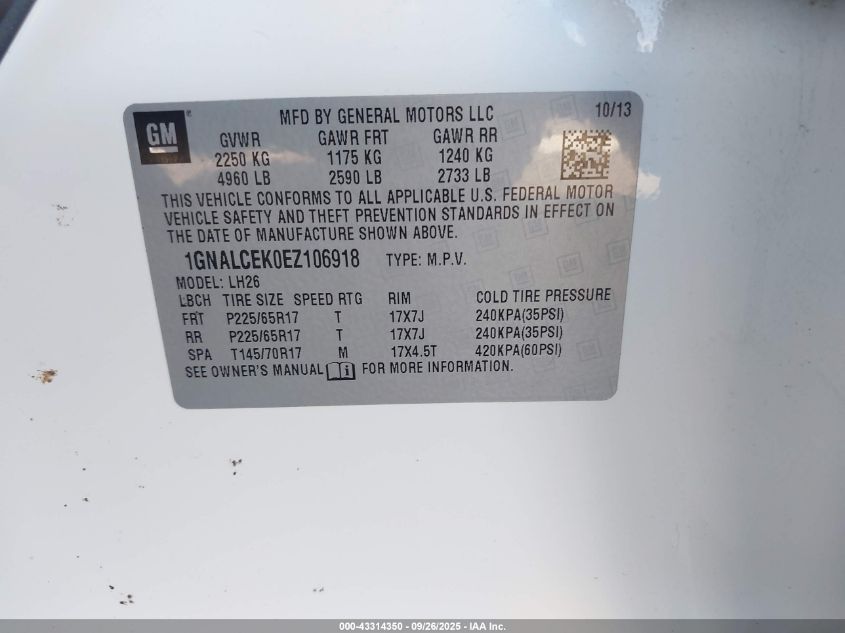 2014 Chevrolet Equinox 2Lt VIN: 1GNALCEK0EZ106918 Lot: 43314350