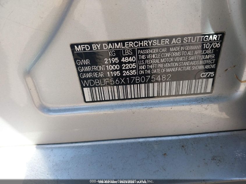 2007 Mercedes-Benz E 350 VIN: WDBUF56X17B075482 Lot: 43314360