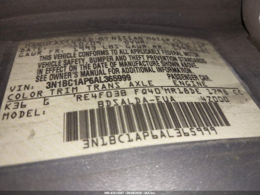 2010 Nissan Versa 1.8S VIN: 3N1BC1AP6AL365999 Lot: 43314367