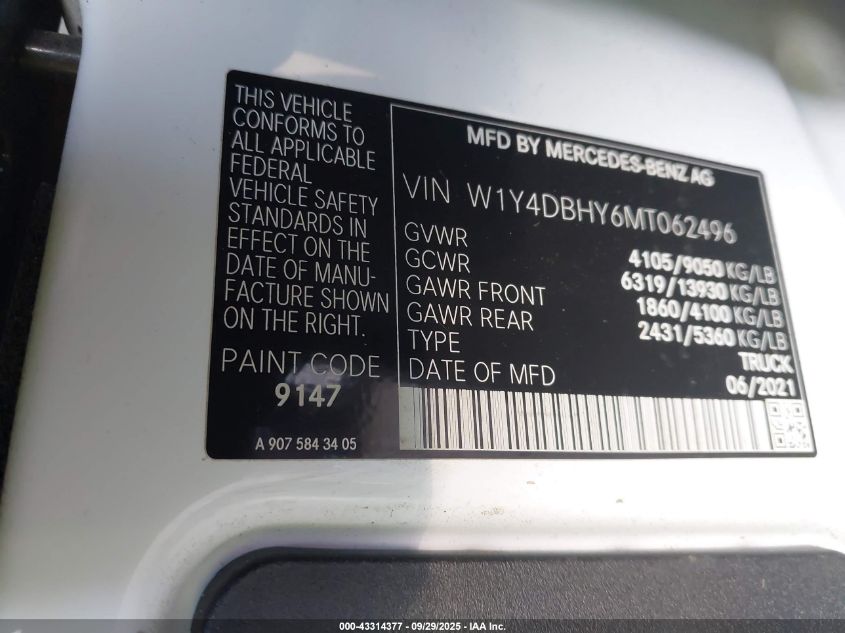 2021 Mercedes-Benz Sprinter 2500 Standard Roof I4 Diesel VIN: W1Y4DBHY6MT062496 Lot: 43314377