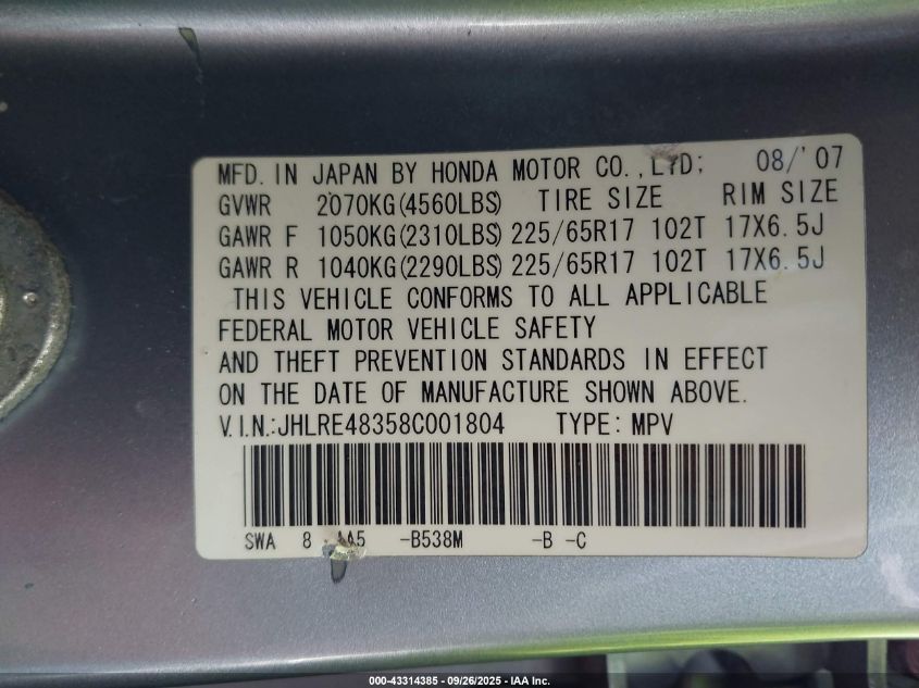 2008 Honda Cr-V Lx VIN: JHLRE48358C001804 Lot: 43314385