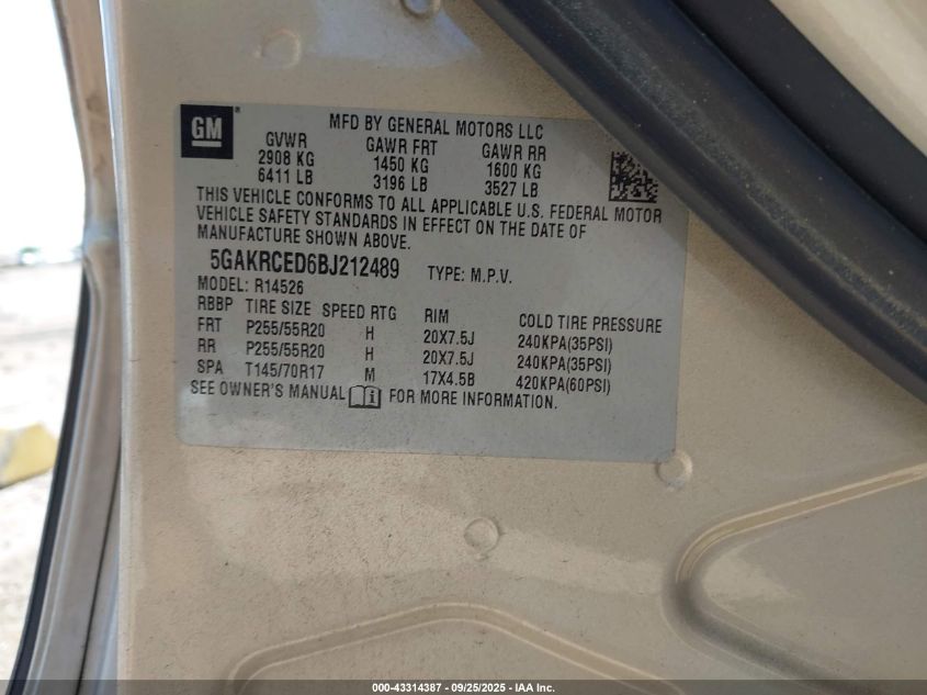 2011 Buick Enclave 2Xl VIN: 5GAKRCED6BJ212489 Lot: 43314387