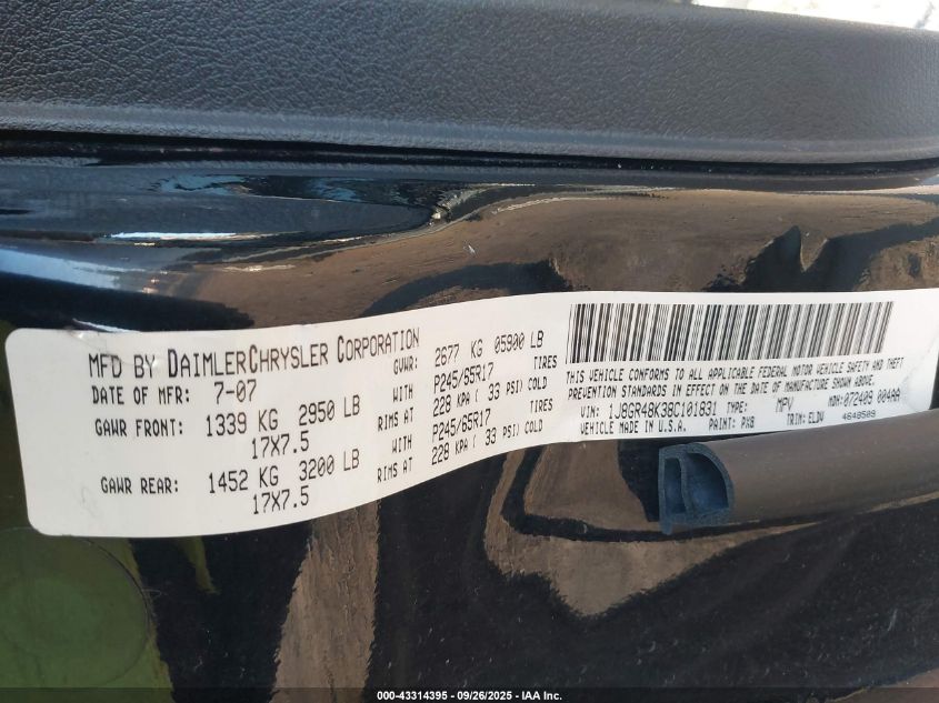 2008 Jeep Grand Cherokee Laredo VIN: 1J8GR48K38C101831 Lot: 43314395