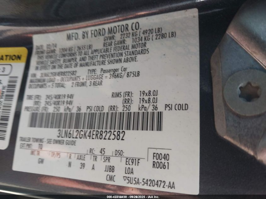 2014 Lincoln Mkz VIN: 3LN6L2GK4ER822582 Lot: 43314410