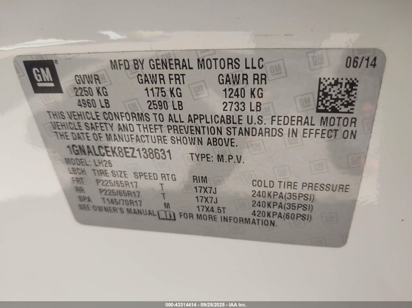 2014 Chevrolet Equinox 2Lt VIN: 1GNALCEK8EZ138631 Lot: 43314414