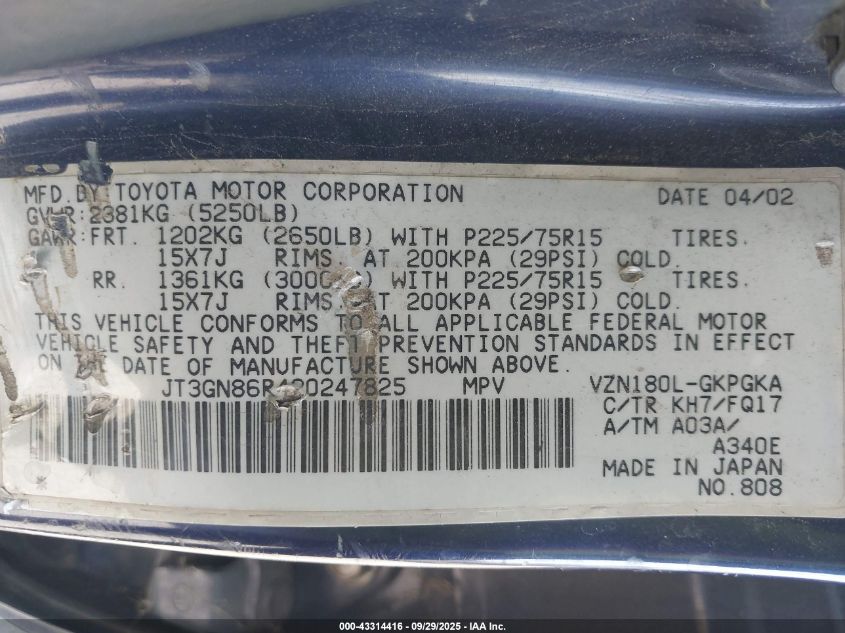 2002 Toyota 4Runner Sr5 V6 VIN: JT3GN86R420247825 Lot: 43314416