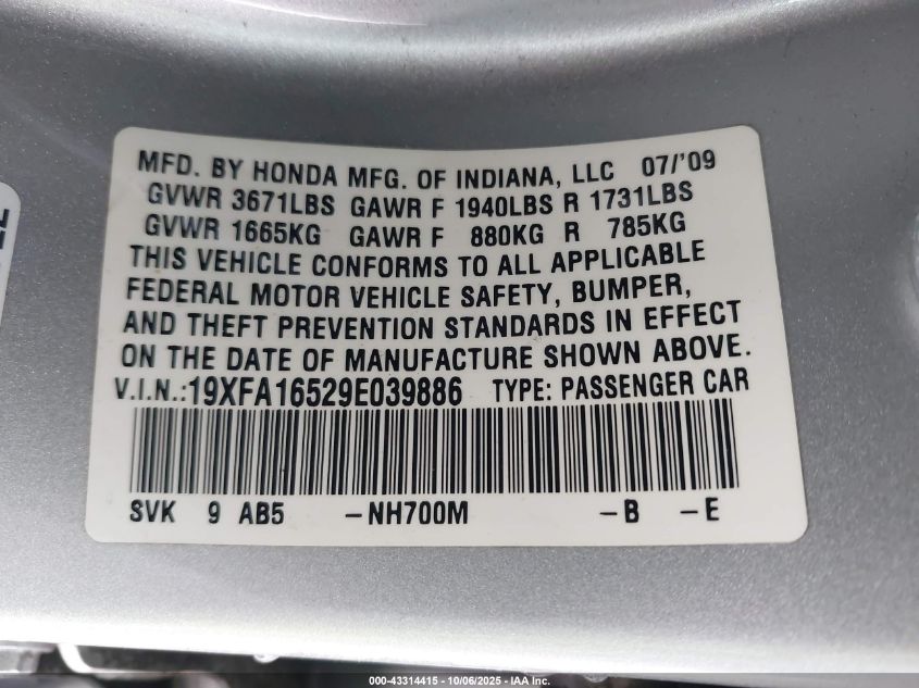 2009 Honda Civic Lx VIN: 19XFA16529E039886 Lot: 43314415