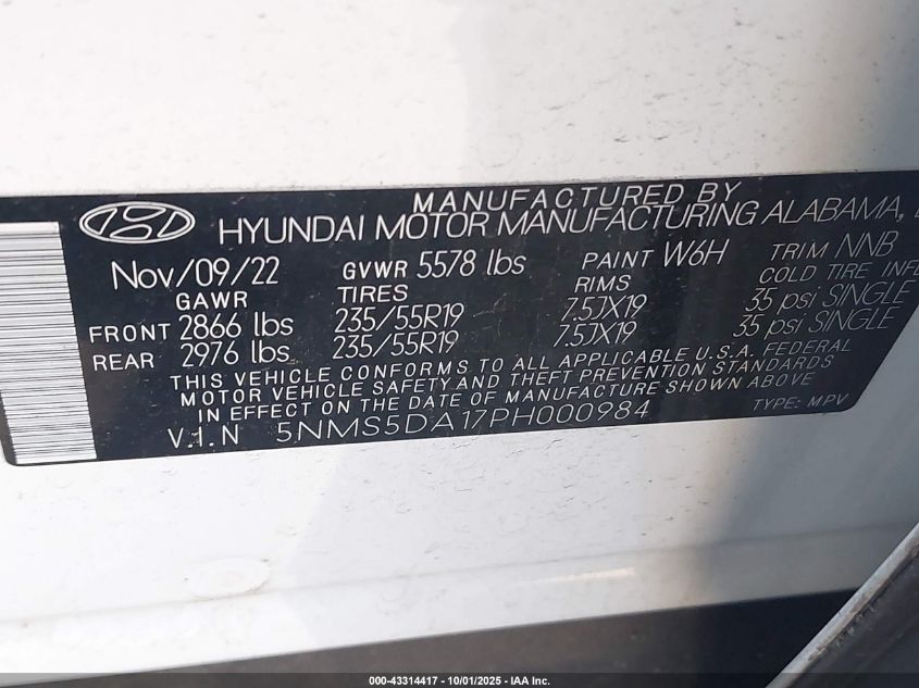2023 Hyundai Santa Fe Hybrid Limited VIN: 5NMS5DA17PH000984 Lot: 43314417