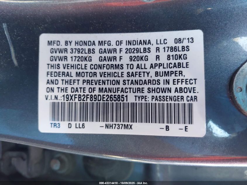 2013 Honda Civic Ex VIN: 19XFB2F89DE265851 Lot: 43314418