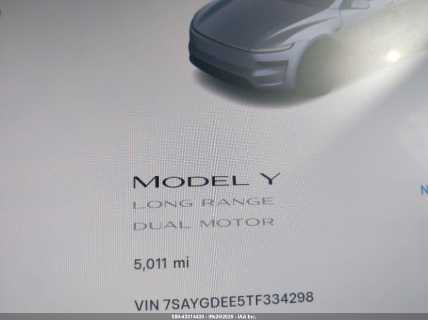 2026 Tesla Model Y Long Range Dual Motor All-Wheel Drive/Long Range Launch Series VIN: 7SAYGDEE5TF334298 Lot: 43314430