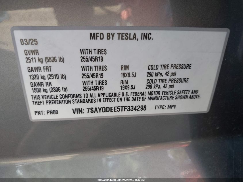2026 Tesla Model Y Long Range Dual Motor All-Wheel Drive/Long Range Launch Series VIN: 7SAYGDEE5TF334298 Lot: 43314430