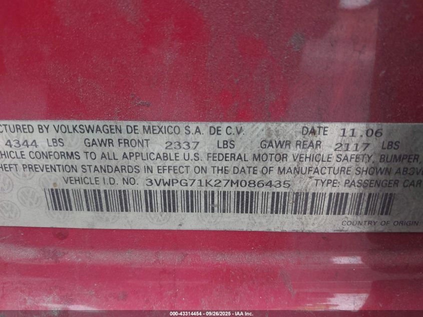 2007 Volkswagen Jetta 2.5 VIN: 3VWPG71K27M086435 Lot: 43314454
