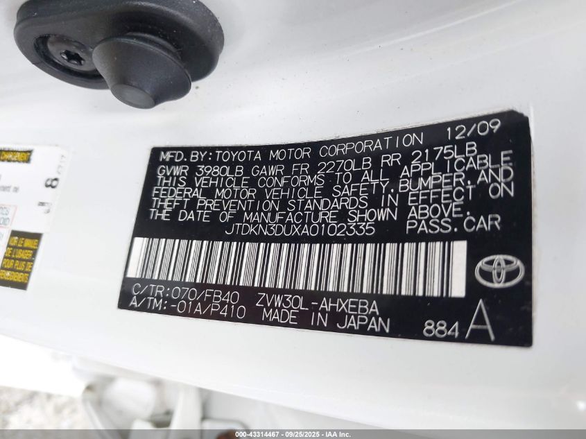 2010 Toyota Prius Ii VIN: JTDKN3DUXA0102335 Lot: 43314467