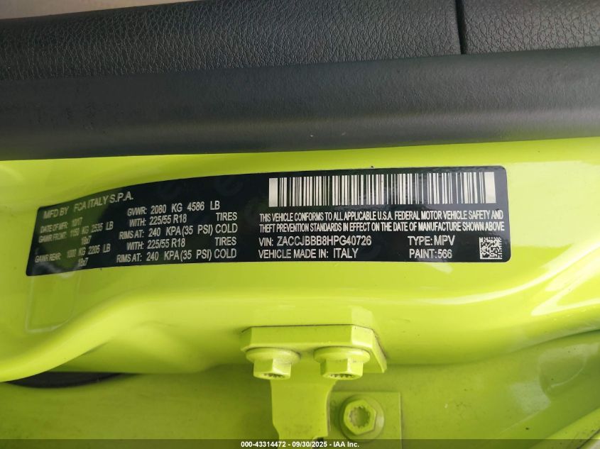 2017 Jeep Renegade Latitude 4X4 VIN: ZACCJBBB8HPG40726 Lot: 43314472