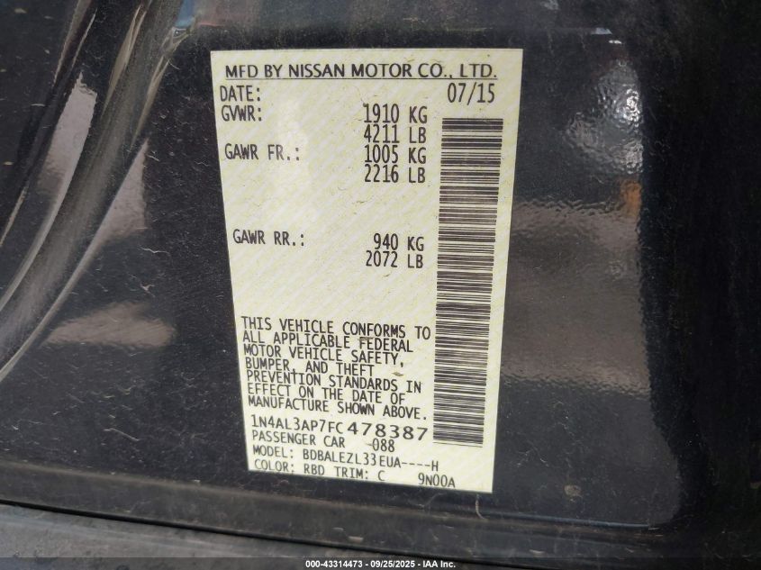 2015 Nissan Altima 2.5 S VIN: 1N4AL3AP7FC478387 Lot: 43314473