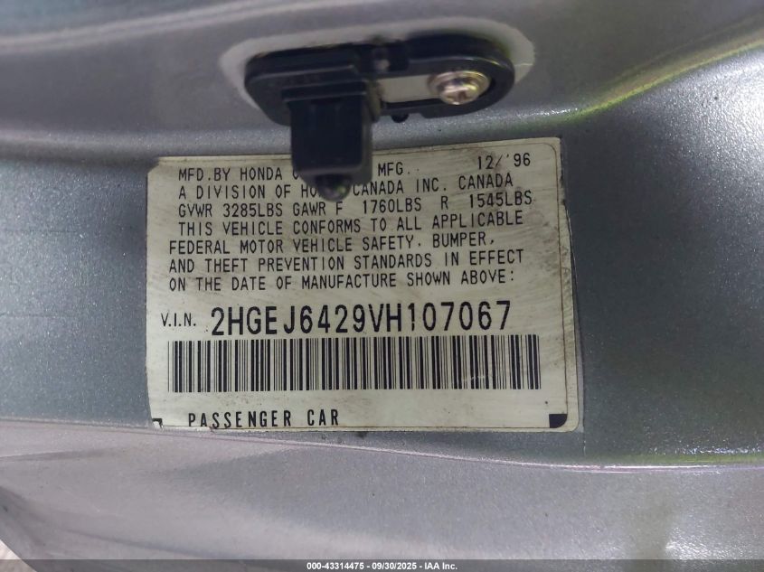 1997 Honda Civic Cx VIN: 2HGEJ6429VH107067 Lot: 43314475