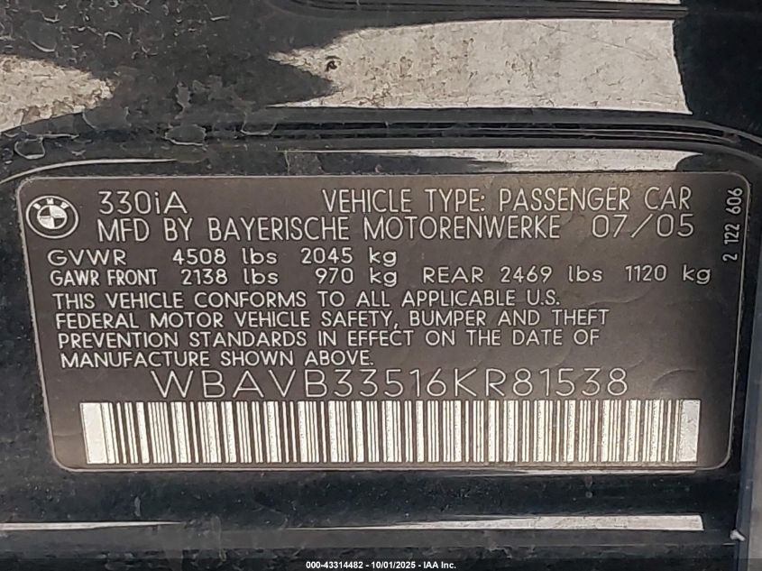 2006 BMW 330I VIN: WBAVB33516KR81538 Lot: 43314482